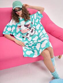 女士卡通牛与云朵图案超大宽松睡袍 - 彩色 - 查看 4