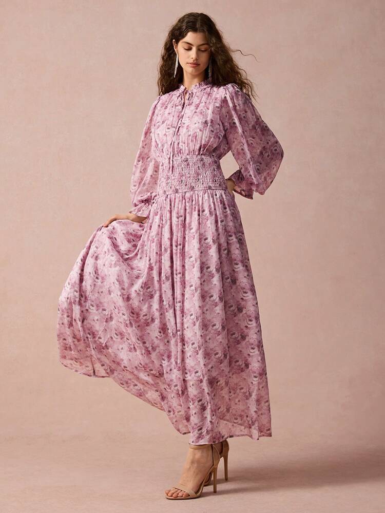 Women's Spring/Autumn Floral Print Frill Trim Tie Front Long Sleeve Belted Dress