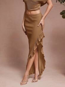 L'Amorae Women's Solid Color Elastic Waist Ruffle Hem Side Slit Maxi Skirt