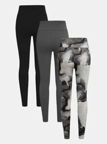 SHEIN Leap Crew Tween High Waist Girl Casual Fit Legging 3pieces Set, Dark Gray, Black, Tie-Dye All Over Printed 3 Color Multi-Pack/ Set, Suitable For Daily Wear, Homewear, Street Wear, Holidy, For Autumn Winter - Multicolor - View 2
