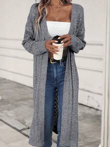 SHEIN Essnce Áo len cardigan hở viền màu trơn thường ngày cho nữ, mùa thu - Xám - Xem 3