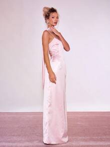 MUSERA 纯色吊带长款假日派对连衣裙,配围巾,适合度假、夏季、粉彩婚礼宾客、毕业典礼等场合,适合伊比沙岛海滩、夜晚外出、秋季约会、夏日秋装,优雅长裙 - 淺粉色 - 查看 3