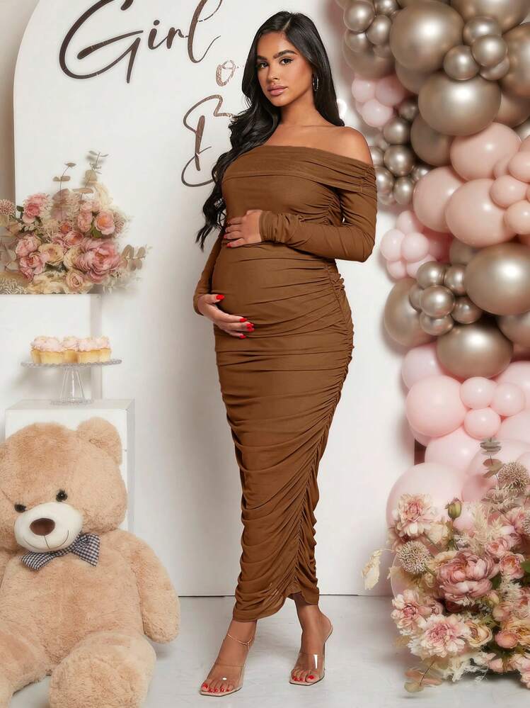 SHEIN Loomaby 1pc Pregnant Women's Solid Color Pleated Off Shoulder Elegant  Long Sleeve Dress, For Maternity, For Baby Shower | SHEIN