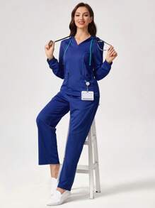 TaskEZ Solid Color Hooded Top And Pants Scrub Uniform Set