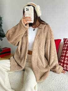 SHEIN EZwear 1pc Women Loose Apricot Pocket Button Fluffy Hooded Sweatshirt Jacket With Long Sleeves - Khaki - View 4