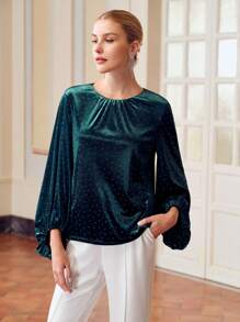 ZEYLAH 纯色灯笼袖褶皱衬衫 - 綠色 - 查看 3