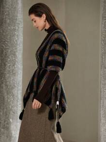 SHEIN Privé Women's Autumn/Winter Boho Tassel Knitted Poncho Sweater, Fall - Multicolor - View 7