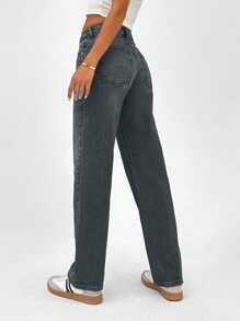 CasuGlow Pantalón vaquero de talle bajo, corte recto, lavado vintage, estilo Y2K - Gris Oscuro - Ver 2