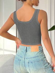 Muchica Áo ba lỗ bó sát cổ vuông phong cách Y2K dành cho nữ - Xám - Xem 2