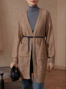 SHEIN Privé Retro Elegant Rhombus Pattern Ribbed Textured Long Knitted Cardigan - Brown - View 1