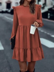 SHEIN LUNE Vestido elegante de manga larga con volantes y dobladillo de volantes de color liso para mujer, otoño