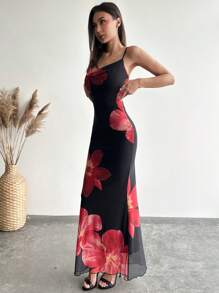 Aloruh Women Sexy V-Neck Sling Backless Mesh Floral Print Bodycon Mini Dress - Multicolor - View 5