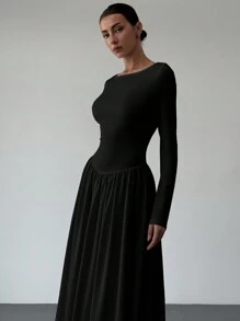 Aloruh New V-Neck Long Sleeve White Dress, Slim Fit, Thermal Insulation, Versatile, Autumn/Winter - Black - View 4