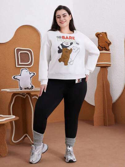 We Bare Bears X SHEIN 大码 2 件套休闲可爱熊猫、白熊、棕熊印花圆领长袖宽松运动衫和紧身裤，秋冬
