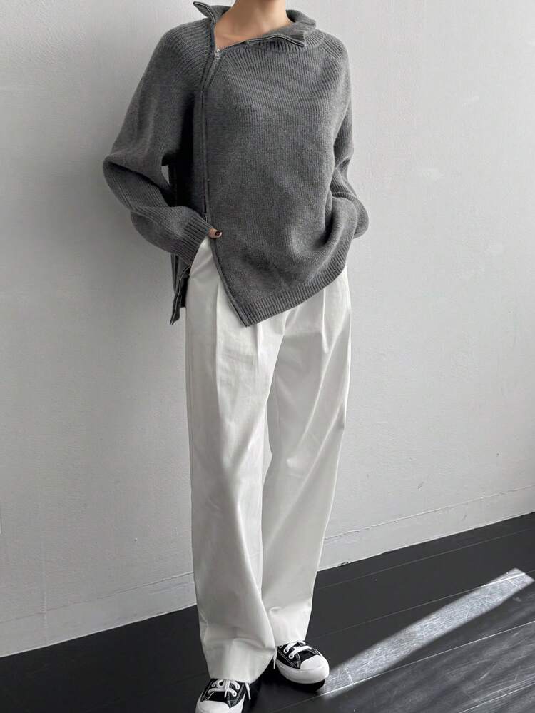 Stylish Asymmetric Collar High Neck Split Hem Pullover Sweater For Women Old Money Style,Fall Women Clothes Business Casual Woman Work Clothes