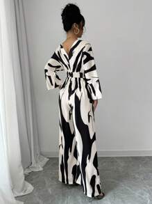 RosyDaze 女式褶皱不对称黑白印花连体裤，腰带高腰阔腿宽松休闲工作连体裤 - 黑與白 - 查看 2