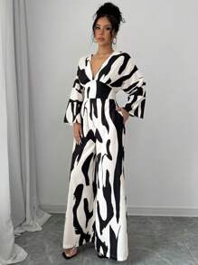 RosyDaze 女式褶皱不对称黑白印花连体裤，腰带高腰阔腿宽松休闲工作连体裤 - 黑與白 - 查看 4