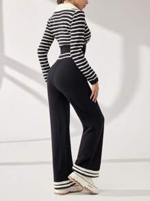Modelyn Women 2pcs/Set Casual Button Decor Striped Sweater & Pants Set, Autumn/Winter - Black and White - View 2