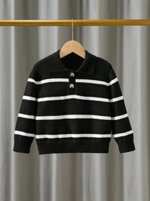 SHEIN 1 件年轻男孩休闲学院风舒适时尚实用柔软条纹针织高领毛衣，适合日常穿着、上学、外出、运动、秋冬季 - 黑與白 - 查看 7