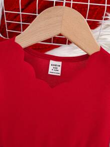 SHEIN Baby Girl Elegant Solid Color Ruffle Hem Long Sleeve Dress, Autumn, For Christmas - Red - View 5