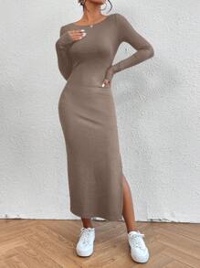 SHEIN Essnce Women's Solid Color Round Neck Long Sleeve Side Slit Hem Long Casual Dress, Autumn