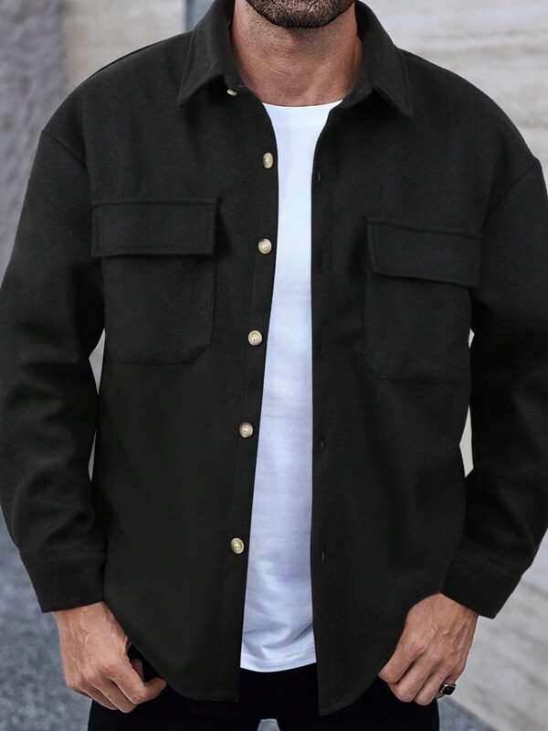 Manfinity CasualCool 1pc Men's Casual Daily Use Flap Pocket Front Button Jacket For Autumn