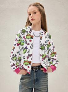 TEENAGE MUTANT NINJA TURTLES | SHEIN Tween Girl 1 件彩色卡通海龟和字母全身印花撞色罗纹拉链连帽运动衫，秋冬 - 白色 - 查看 5