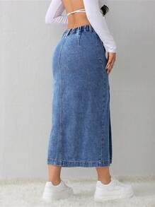 SHEIN Tall Women's Denim Skirt Casual Loose Side Slit Blue Midi Skirt Tall Women's Skirt Light Blue Skirt Blue Skirt Winter Women Clothes - Medium Wash - View 2