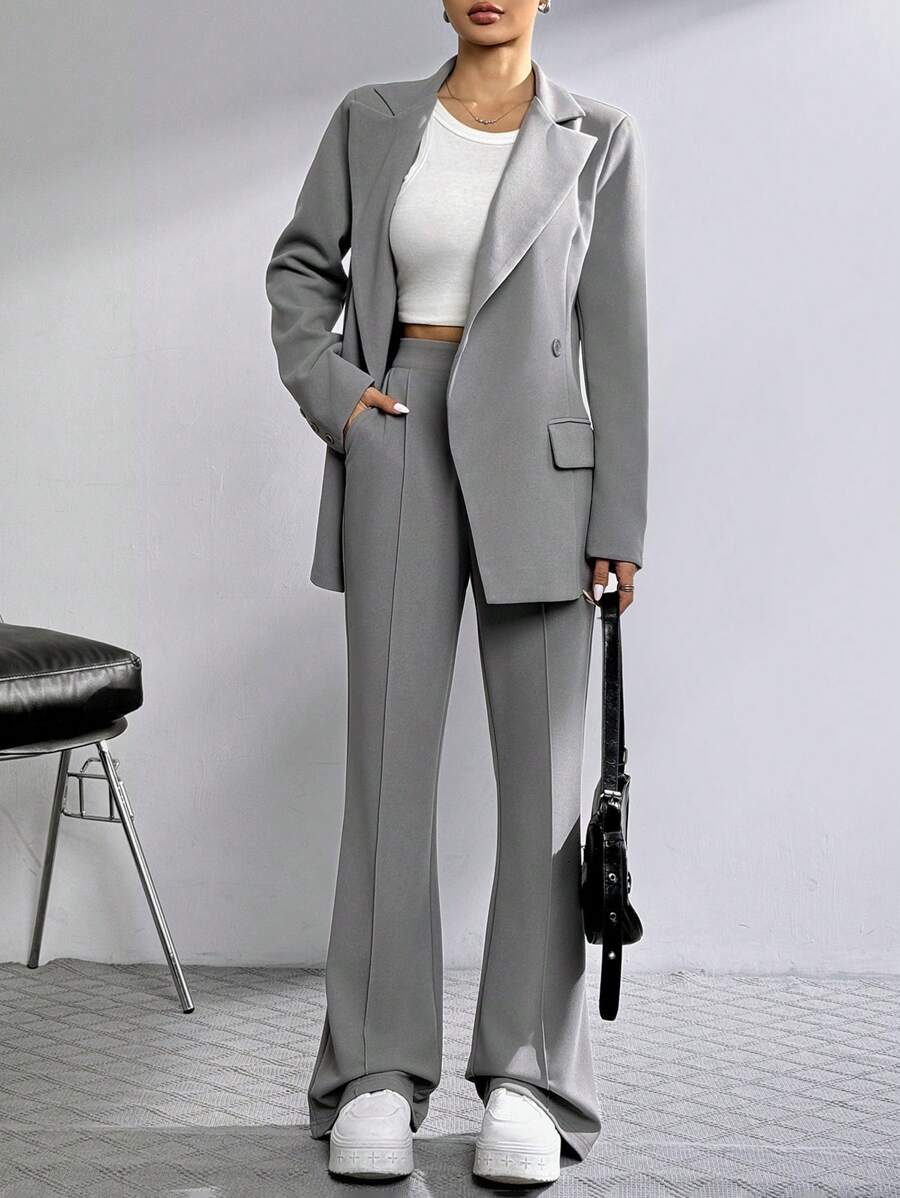 SHEIN EZwear Bộ quần âu vest nữ cổ cao cài nút và đường may phía trước - Xám - Xem 1