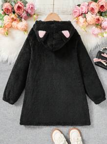 SHEIN Tween Girl Loose Collar Bow Ear Decor Black Warm Winter Jacket, Pink - Black - View 2