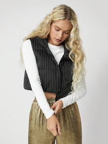 SHEIN EZwear Women's Black And White Striped Stand Collar Sleeveless Padded Padded Coat, For Autumn/Winter