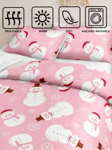 圣诞床上用品套装 粉色雪花圣诞羽绒被套装 圣诞可爱圣诞雪人印花 3 件套 圣诞房间装饰 被套 柔软超细纤维羽绒被套 适合男孩女孩 2 个枕套 无被子 圣诞节礼物