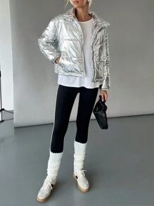 SHEIN Essnce Giacca corta da donna di colore argento, cappotto imbottito caldo e spesso, adatto per l'inverno, feste di Natale, tempo freddo - Argento - Visualizzare 8