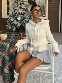 SHEIN EZwear 1pc Women Apricot Fluffy Collar Zip-Up Knitted Cardigan, Autumn/Winter New