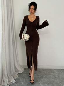 Selianne 女式前扣喇叭袖开衩至大腿毛衣连衣裙 - 棕色 - 查看 5