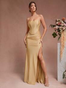 SHEIN Unity Robe de maxi élégante pour fête de Noël avec corset, plissé sur le côté et fente, couleur champagne - Champagne - Voir 6