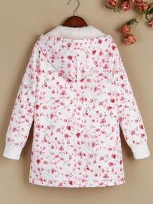 Tween Girl Casual Floral Pattern Fleece Hoodie Jacket, Autumn/Winter - White - View 2