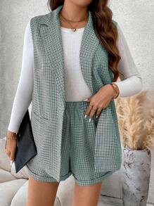 Flirla Plus Size Plaid Print Single-Button Sleeveless Blazer Jacket & Suit Shorts Set, Formal Office Wear