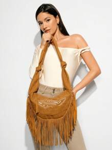 SHEIN BAE 女士时尚刺绣流苏斜挎包 - 棕色 - 查看 3