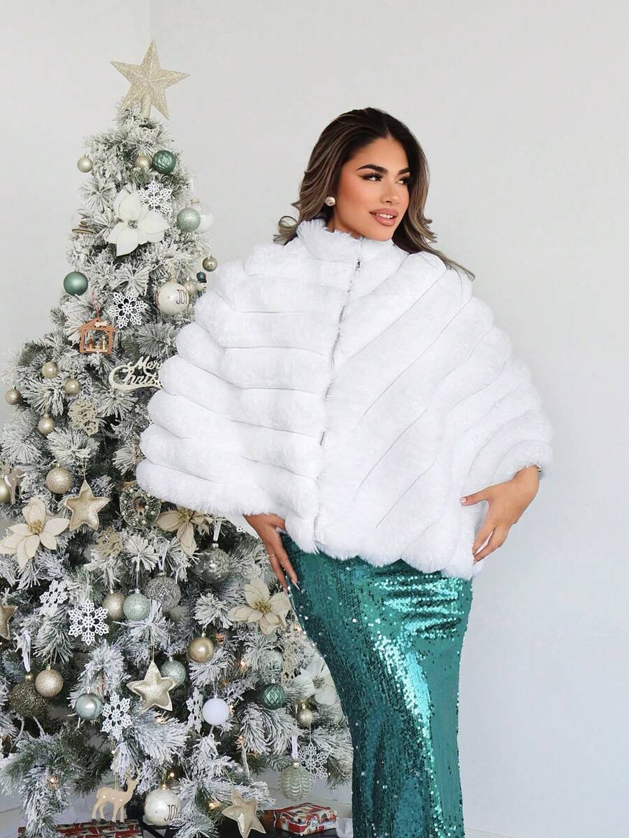 SHEIN SXY Luxurious Cape Style Fluffy Women Jacket For Winter - White - View 1