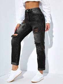 SHEIN EZwear 女式破洞口袋高腰紧身七分休闲牛仔裤 - 黑色 - 查看 5