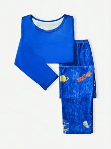 Tween Boy 2pcs Set Comfy Solid Color Long Sleeve Top And Space Printed Long Pants Pajama Set
