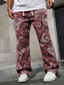 Manfinity Homme Men's Hawaiian Floral Pattern Loose Casual Pants, Fall - Rose Red - View 3