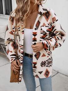 SHEIN LUNE Women's Drop Shoulder Flap Pocket Warm Fleece Jacket, Fall And Winter Clothes,Casual - Apricot - View 1