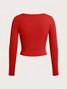 Slaydiva Áo thun dệt kim bó cổ tròn tay dài màu nâu cơ bản giản dị dành cho nữ, mùa thu/đông, có thể mặc như áo khoác ngoài - Đỏ - Xem 2