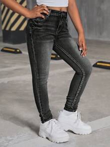 SHEIN Tween Girl Y2K 石洗黑色高腰紧身牛仔裤，返校服，百搭款式，夏季返校街头服饰，海滩波西米亚风演唱会宽松阔腿裤，狂欢节，毕业典礼