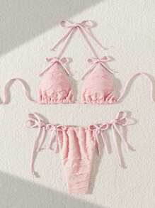Sexy Pink Knitted Flower Rope Bow Ladies Bikini Set Summer - Pink - View 5