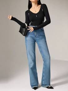 Modelyn 1 件女士休闲纯色修身仿珍珠装饰毛衣，适合秋冬季