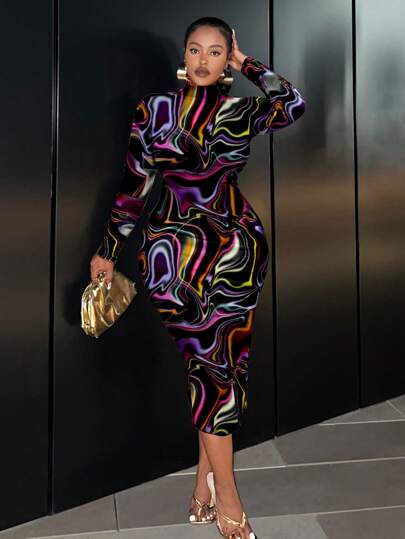 Slaydiva Minimalist Casual Illusion Light Print Long Sleeve Round Neck Fitted Dress For Plus Size, Suitable For Autumn & Winter Autumn And Winter Chic Dress