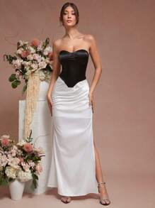 L'Amorae Satin Two Tone Pleated Mermaid Hem Dress - Black and White - View 1